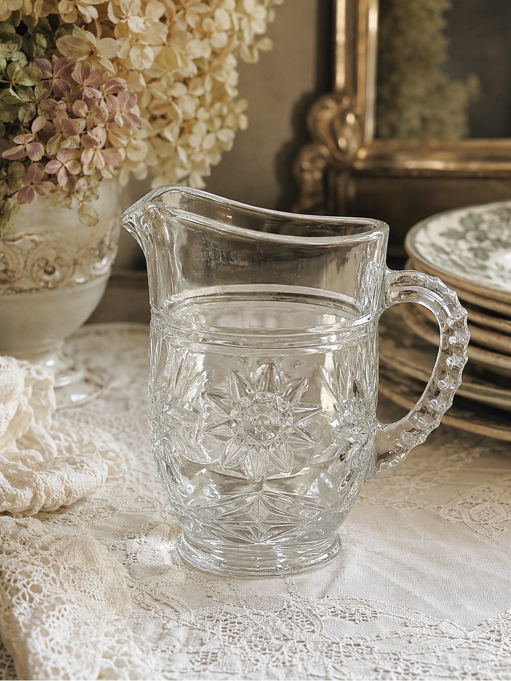 VINTAGE Star of David Small Glass Pitcher with Handle and Spout